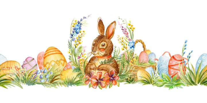 Seamless vintage watercolor border with easter rabbit