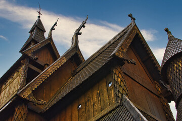 Fototapeta na wymiar close-up and detail of Norwegian stave church roof and ornate