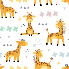 Cute giraffe Pattern print for kids. Funny cute scandinavian giraffe cartoon style. Printable templates. vector print. Perfect for kids apparel, poster, baby shower card. Vector illustration © iryna_boiko