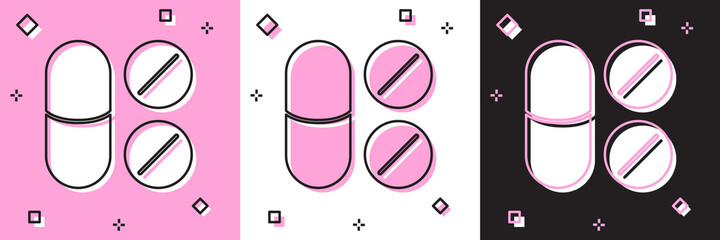 Set Toothache painkiller tablet icon isolated on pink and white, black background. Tooth care medicine. Capsule pill and drug. Pharmacy design. Vector.