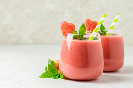 Summer refreshing party drinks, watermelon smoothie. Space for text.