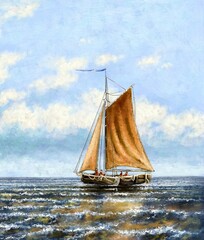 Oil paintings landscape, fisherman, ships, sea landscape, sailing boat on the sea. Fine art, masterpiece.