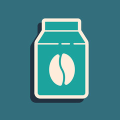 Green Bag of coffee beans icon isolated on green background. Long shadow style. Vector.