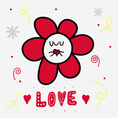Hand drawn flat flower vector desegn in doodles style with red heart in hands, hand letterign on white background