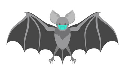 Bat with a medical mask. Flittermouse considered to be eventual cause of coronavirus COVID-19 infection. Isolated vector illustration in flat style.	