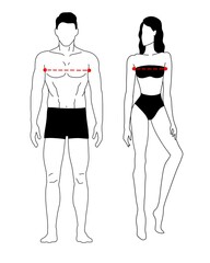 Silhouette contour man and woman, chest width, measurement model for clothes