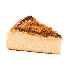 Isolated slice of spanish cheesecake with melted chocolate on the white background