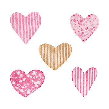 Set of hand painted watercolor hearts in bright pink color. Isolated objects perfect for Valentine's day card or romantic post cards