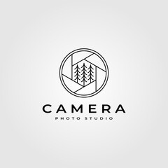 line art camera lens logo with pines symbol vector minimalist illustration design