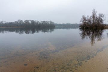 Overcast. The forest along the river is reflected in the water. Tranquil nature scene.