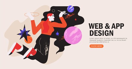 Woman illustrator working in vector graphics editor or design program. Freelance designer draw space or abstract shapes with brush. Creative process of making website, ui, mobile application. design. - obrazy, fototapety, plakaty