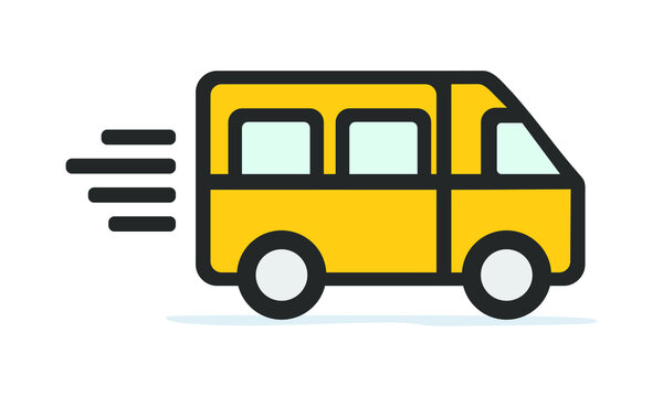 Cute yellow school bus in motion - moving bus transportation clipart icon