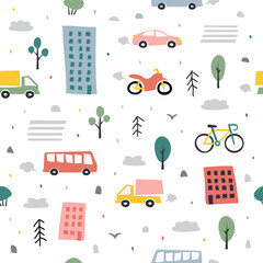 City seamless pattern Childish city vector background in flat style