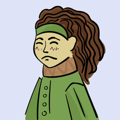 Cute hand-drawn Asian girl in a coat. Vector illustration of an oriental woman with lush curly hair. Skeptical, disaffected, disappointed Mongolian.