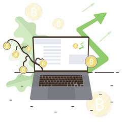 Increasing the value of bitcoin. The concept of cryptocurrency and blockchain. Digital money market, investment, finance and trade. Flat vector illustration of computer and money tree.