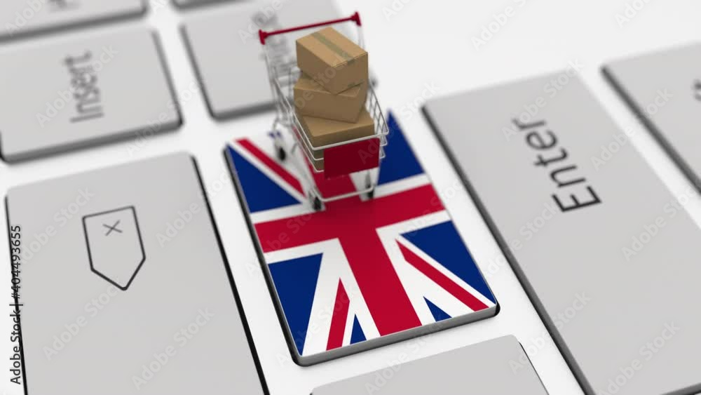 Poster shopping cart on the keyboard key with flag of great britain. looping ecommerce related 3d animation