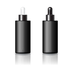 Blank black cylinder cosmetic bottle with white and black-black dropper lid mockup template.