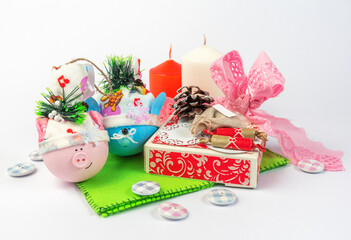 Handmade Christmas gifts on a white background.