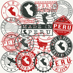 Peru Set of Stamps. Travel Passport Stamps. Made In Product. Design Seals in Old Style Insignia. Icon Clip Art Vector Collection.