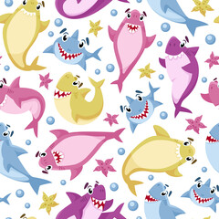 Baby Shark birthday seamless pattern - cartoon nautical seamless digital paper, vector nursery cute marine or undersea animal background for kids textile, scrapbooking, wrapping paper