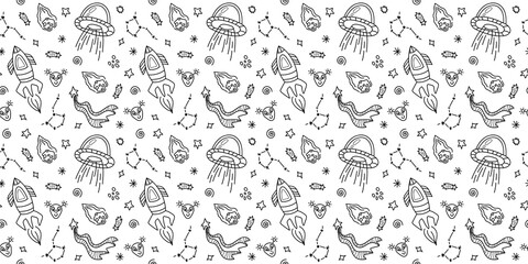 Space black and white doodle seamless pattern - hand drawn line digital paper with space, stars, spaceship, ufo and rocket, cute kids seamless background for textile, scrapbooking, wrapping paper