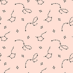 Space celestial doodle seamless pattern - black and white hand drawn line digital paper with space, stars, constellations, cute kids seamless background for textile, scrapbooking, wrapping paper