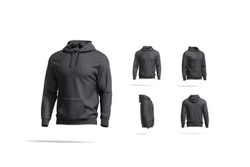 Blank black sport hoodie with hood mock up, different views