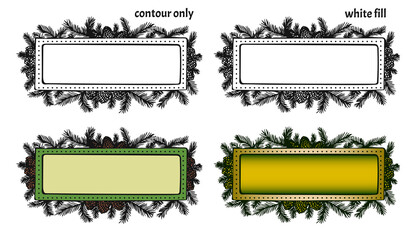 Set of hand drawn frame templates, labels or logos with coniferous branches and cones in different versions: contour only, white fill, color, gradient. Colored isolated copy space vector illustration	