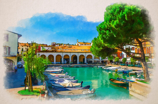Watercolor drawing of Desenzano del Garda Old harbour with boats on turquoise water, green trees, street restaurants and traditional buildings