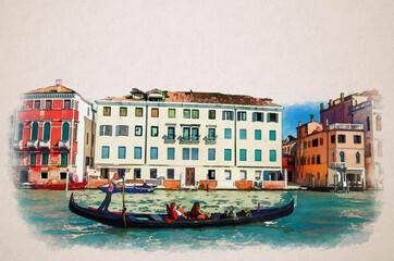 Obraz na płótnie Canvas Watercolor drawing of Venice: gondolier on gondola with tourists people sailing in Grand Canal waterway in front of Palazzo Querini Papozze palace