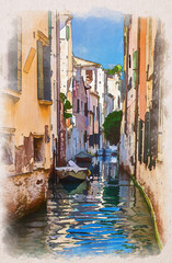 Fototapeta na wymiar Watercolor drawing of Venice cityscape with narrow water canal with boats moored between old colorful buildings, Veneto Region