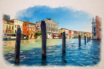 Fototapeta na wymiar Watercolor drawing of Grand Canal waterway with wooden poles in water, Palazzo Vendramin Calergi palace, colorful buildings in Venice