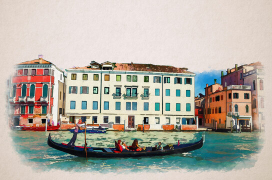 Watercolor drawing of Venice: gondolier on gondola with tourists people sailing in Grand Canal waterway in front of Palazzo Querini Papozze palace