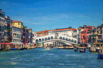 Fototapeta na wymiar Watercolor drawing of Venice: cityscape with Rialto Bridge across Grand Canal waterway, Venetian architecture colorful buildings, gondolas