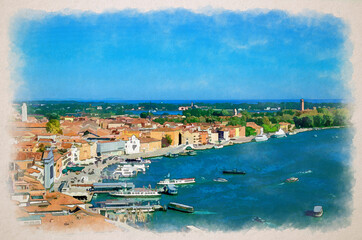 Obraz premium Watercolor drawing of Aerial panoramic view of Venice historical city centre, Riva degli Schiavoni waterfront with moored ships and boats