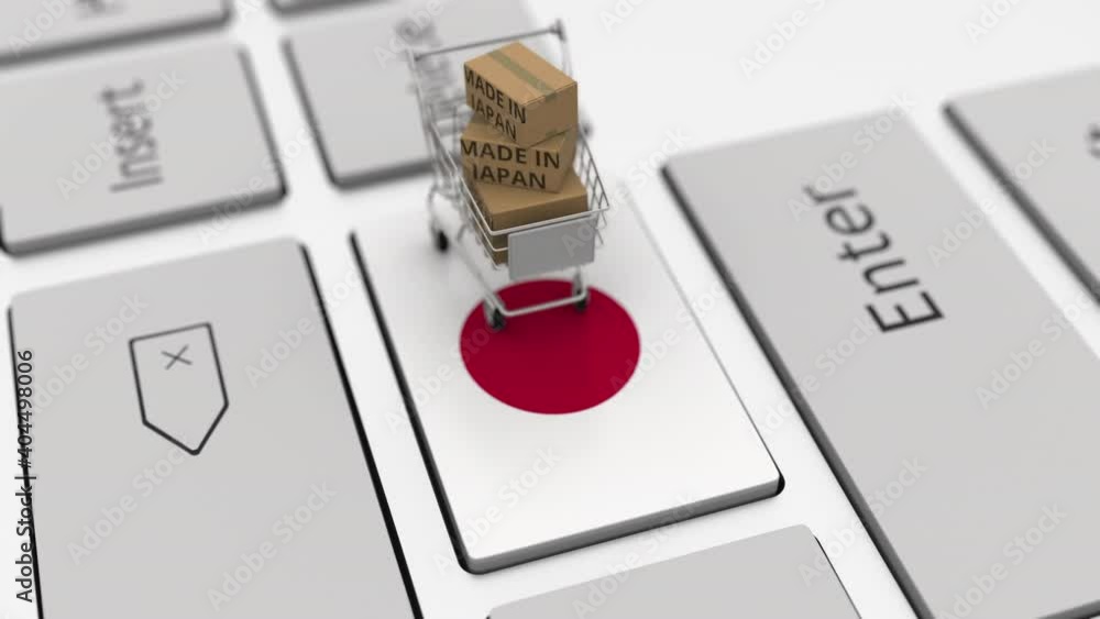 Poster boxes with made in japan text and shopping cart on the keyboard. conceptual looping 3d animation