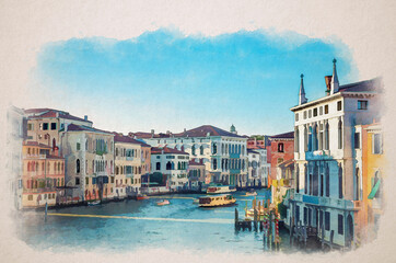 Watercolor drawing of Venice cityscape with Grand Canal waterway. Vaporettos and boats sailing Canal Grande. Baroque style buildings - obrazy, fototapety, plakaty