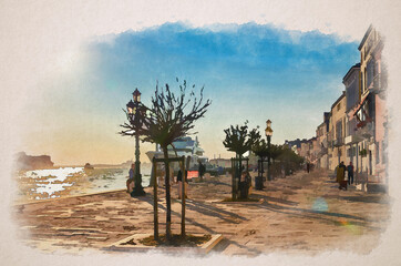 Watercolor drawing of Venice: people tourists are walking down embankment promenade Fondamenta Zattere Al Ponte Lungo