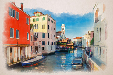 Watercolor drawing of Venice: people tourists are walking down fondamenta embankment promenade of narrow water canal with moored boats