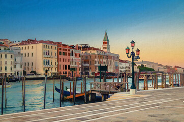 Watercolor drawing of Venice evening view with Fondamenta Salute embankment promenade near pier of Grand Canal waterway