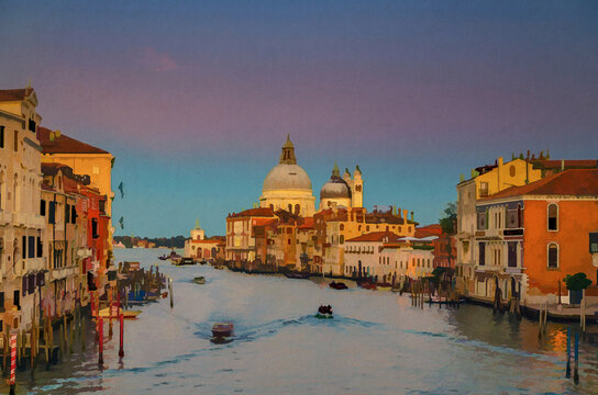 Watercolor drawing of Venice cityscape with Grand Canal waterway. Buildings with evening lights along Grand Canal. Santa Maria della Salute