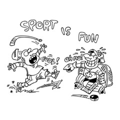 Hockey striker slipped on banana peel and goalkeeper laughs at him, attacks and fouls, sport is fun, black and white cartoon