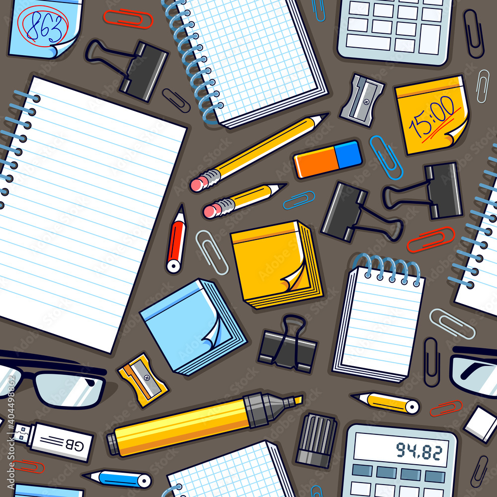 Poster work office desk top view with a lot of different stationery elements seamless vector wallpaper, bus