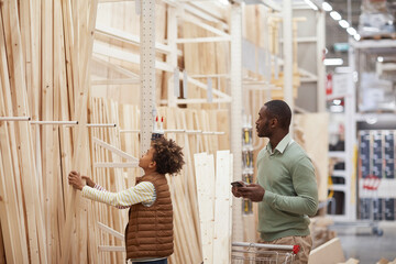 Side view portrait of African-American father and son shopping together in hardware store, focus on...