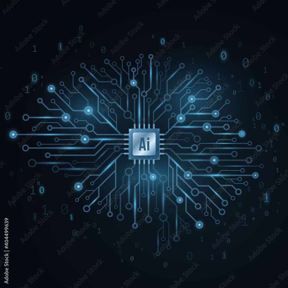 Poster artificial intelligence concept. cyborg technological brain. glowing computer circuit board with a p