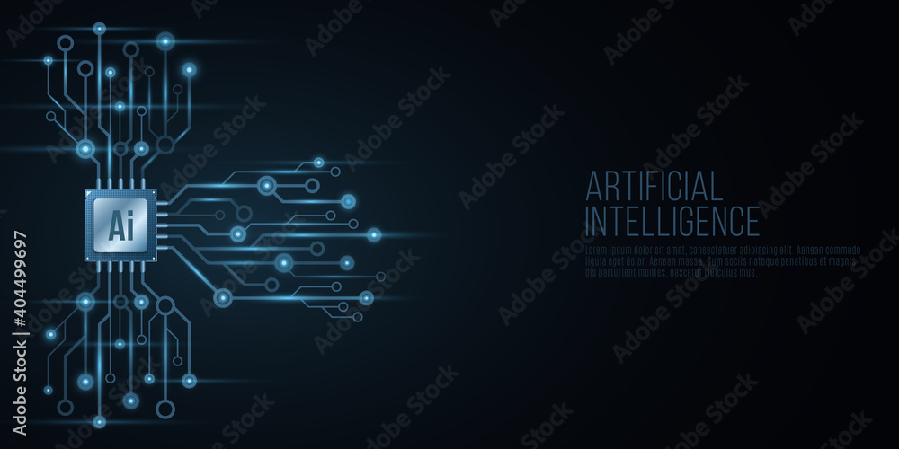 Poster technological luminous computer circuit board with processor. artificial intelligence. motherboard c