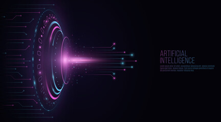 Futuristic HUD interface elements with glowing computer circuit board. Glare and flare. Artificial intelligence concept. Technology background. UI and Sci-fi design. Vector illustration