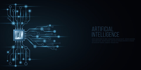 Technological luminous computer circuit board with processor. Artificial intelligence. Motherboard connectors glow in the dark. Vector illustration