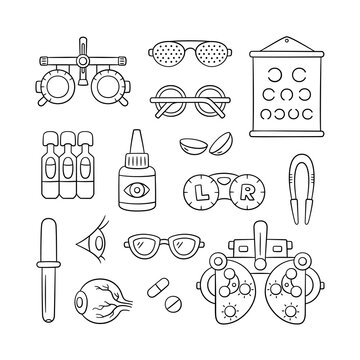 Ophthalmology hand drawn set. Contact lens, eyeball, glasses, phoropter and more. Optometry doodle objects. Vector illustration on white background