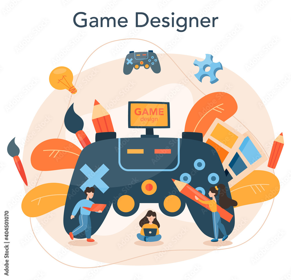Aufkleber game designer concept. creative process of a computer video game building